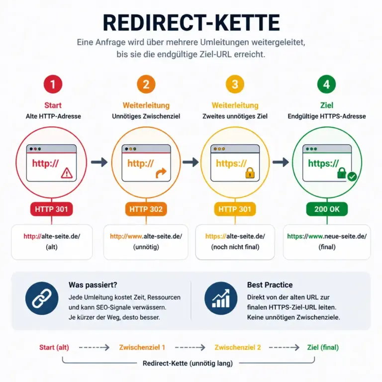 Schematische Darstellung einer Redirect-Kette von einer alten URL zum endgu00fcltigen Ziel