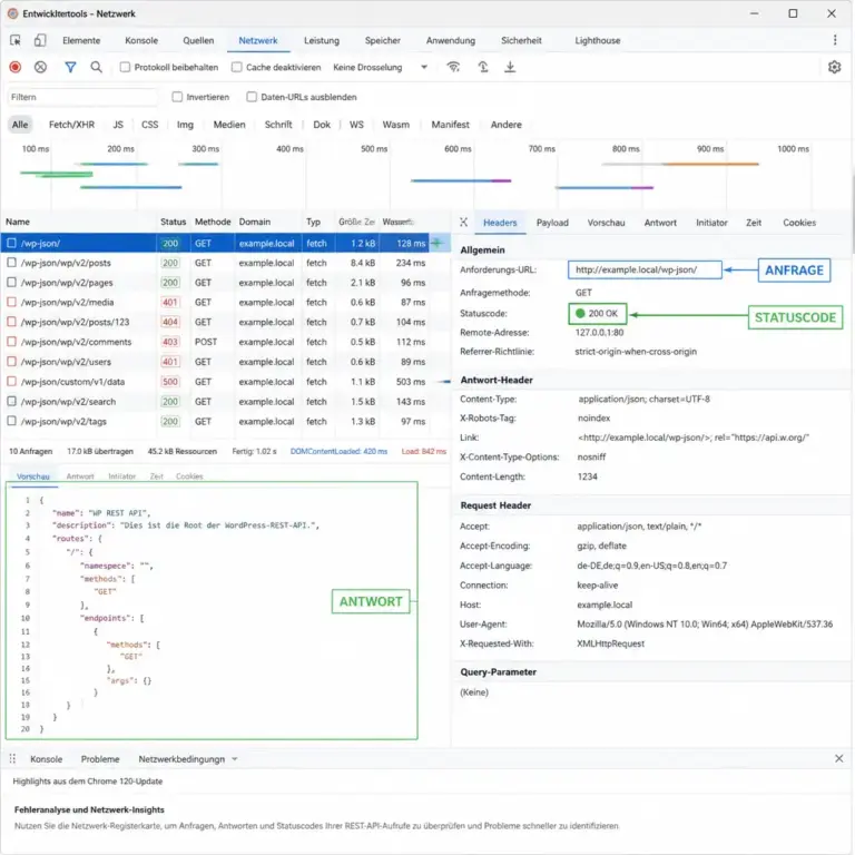 Browser-Netzwerkprotokoll zur Eingrenzung eines WordPress REST API Fehlers