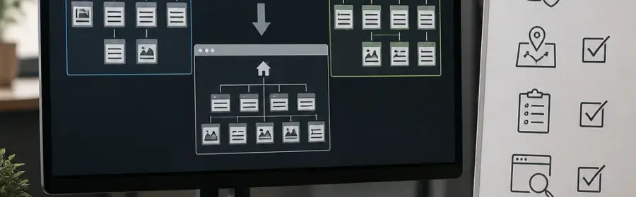 Schematische Darstellung, wie zwei WordPress-Websites zu einer gemeinsamen Website zusammengeführt werden