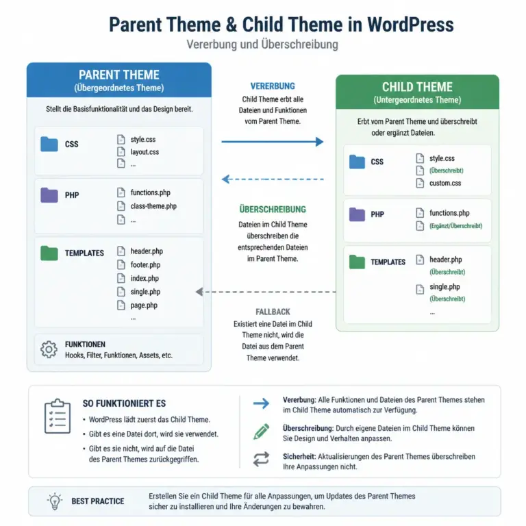 Schaubild zur Beziehung zwischen Parent Theme und Child Theme in WordPress