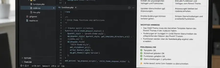 WordPress Child Theme mit style.css und functions.php bei der technischen Fehleranalyse