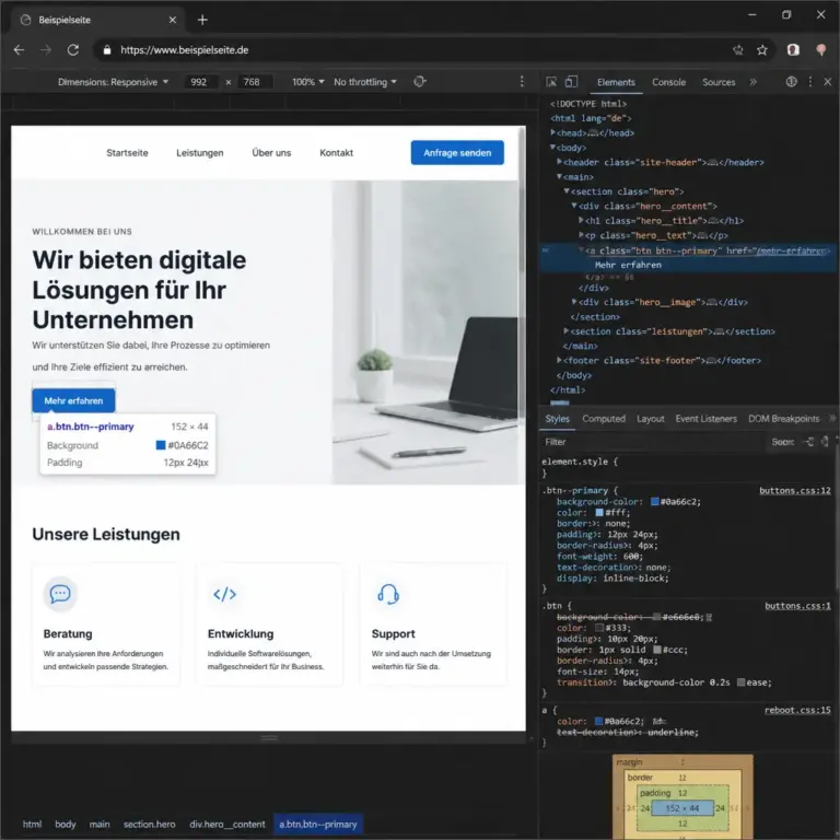 Browser-Entwicklertools zeigen aktive und u00fcberschriebene CSS-Regeln eines WordPress-Elements