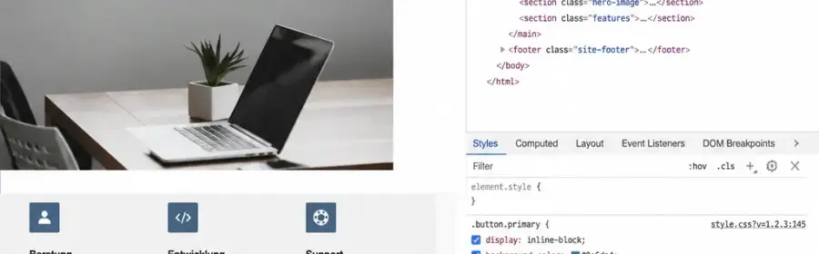 Browseransicht einer WordPress-Website mit CSS-Inspektor zur Analyse eines Theme-Fehlers