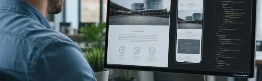 Responsive WordPress-Unternehmenswebsite auf Desktop- und Mobilansicht während einer Theme-Optimierung
