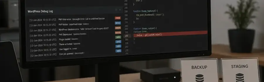 WordPress-Fehleranalyse nach einem PHP-Wechsel mit Debugging-Log, Backup und Staging