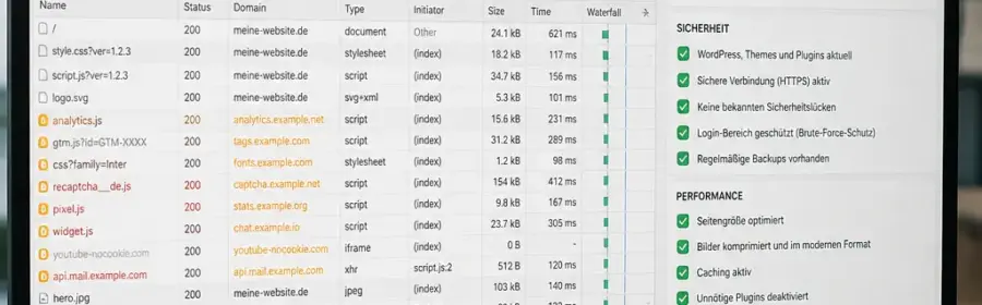 Netzwerkansicht zur Prüfung externer WordPress-Skripte mit markierten Drittanbieter-Domains