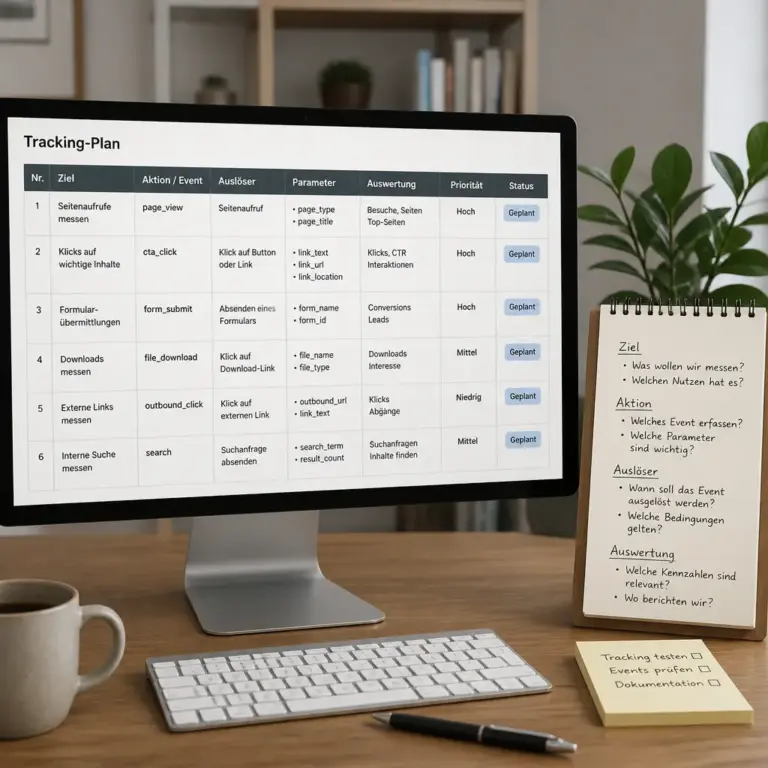 Strukturierter Tracking-Plan mit Zielen, Ereignissen und Auswertung fu00fcr eine WordPress-Website