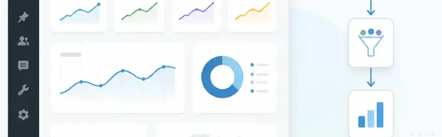 Schematische Darstellung eines schlanken WordPress-Tracking-Konzepts mit wenigen Kennzahlen und kontrolliertem Datenfluss