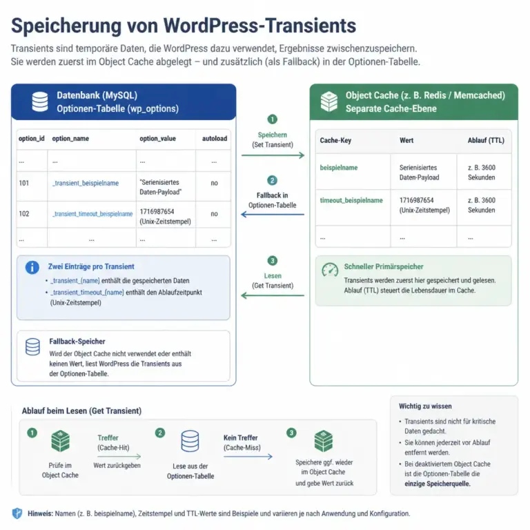 Schematische Darstellung von WordPress-Transients in der Optionstabelle und im Object-Cache